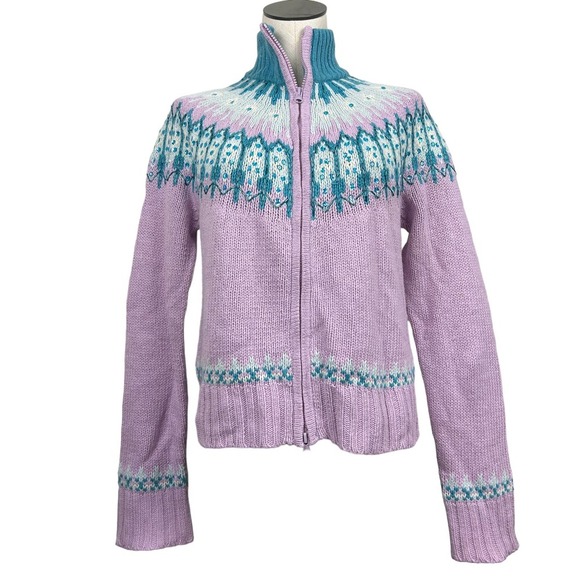 Sweaters - Y2K Deadstock Beaded Pastel Fair Isle Turtleneck Zip Front Sweater L